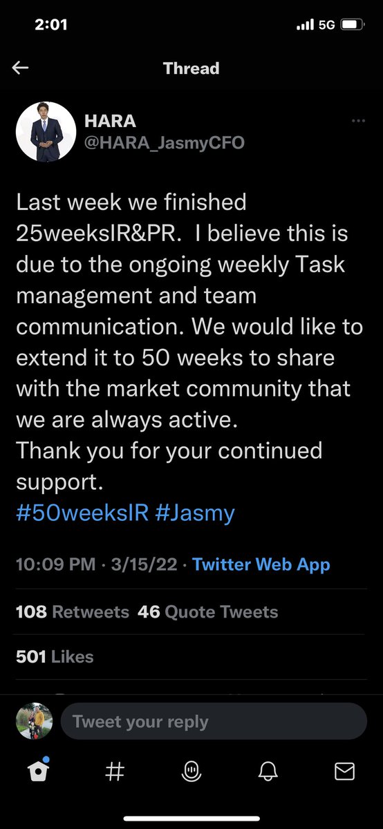 $jasmy #jasmy question??
Is this Tues Aug 30th the conclusion of the the 50wk IR or was over yesterday?
Tues is 25 wks from this <a href="/HARA_JasmyCFO/">HARA</a> post but he starts the post stating “last week”. When is the IR over?