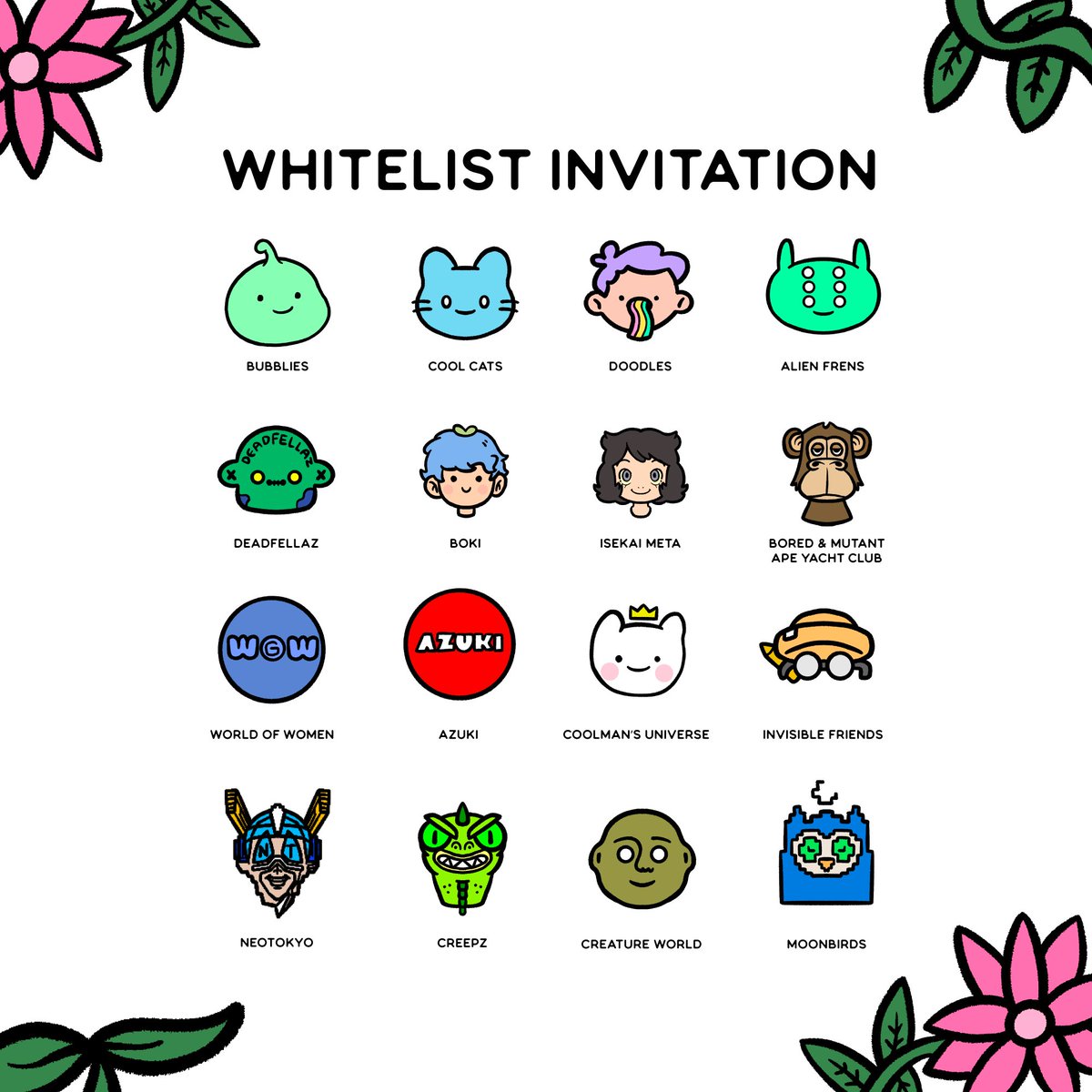 bubbliesIO's tweet photo. We're inviting the following communities to our Whitelist! 🙂

👾 Join our Discord and verify as a holder to accept our invitation: https://t.co/8GvZYoln66 https://t.co/IZsbVgTamS
