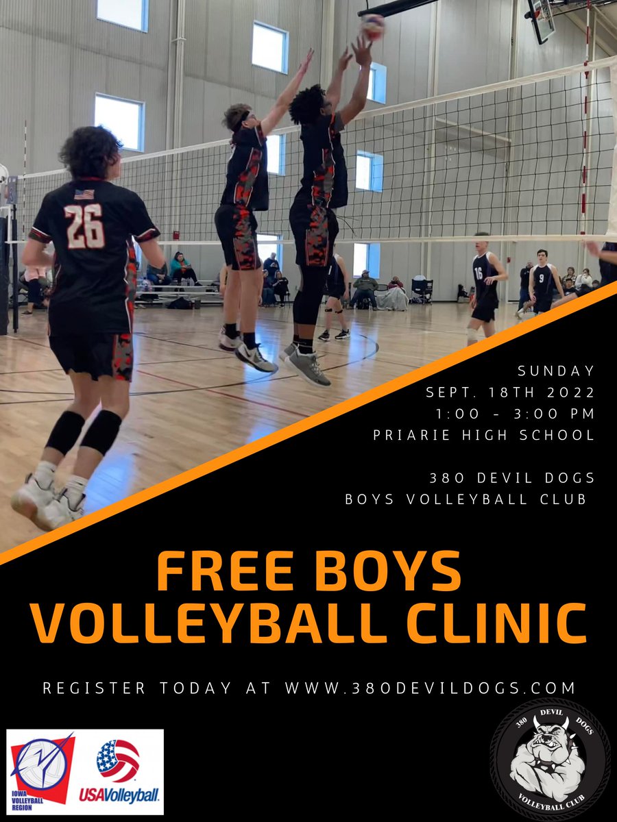 380DevilDogsVB's tweet photo. We are excited to announce the 2022 Free Boys Volleyball Clinic is going to be on Sunday, September 18th from 1:00 - 3:00 pm at Cedar Rapids Prairie High School.  Please go to https://t.co/KlcPIAMDyg to register today.
Please share this great opportunity to come and try the game! https://t.co/eytr8V8PWY