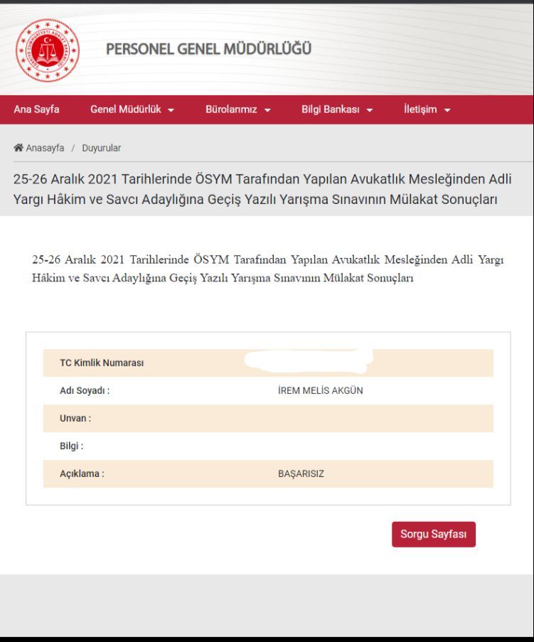 Yazılı sınavdaki 2.lik derecem ile katılmış olduğum mülakatta sorulan sorulara eksiksiz olarak doğru cevap vermeme rağmen “BAŞARISIZ” bulundum.