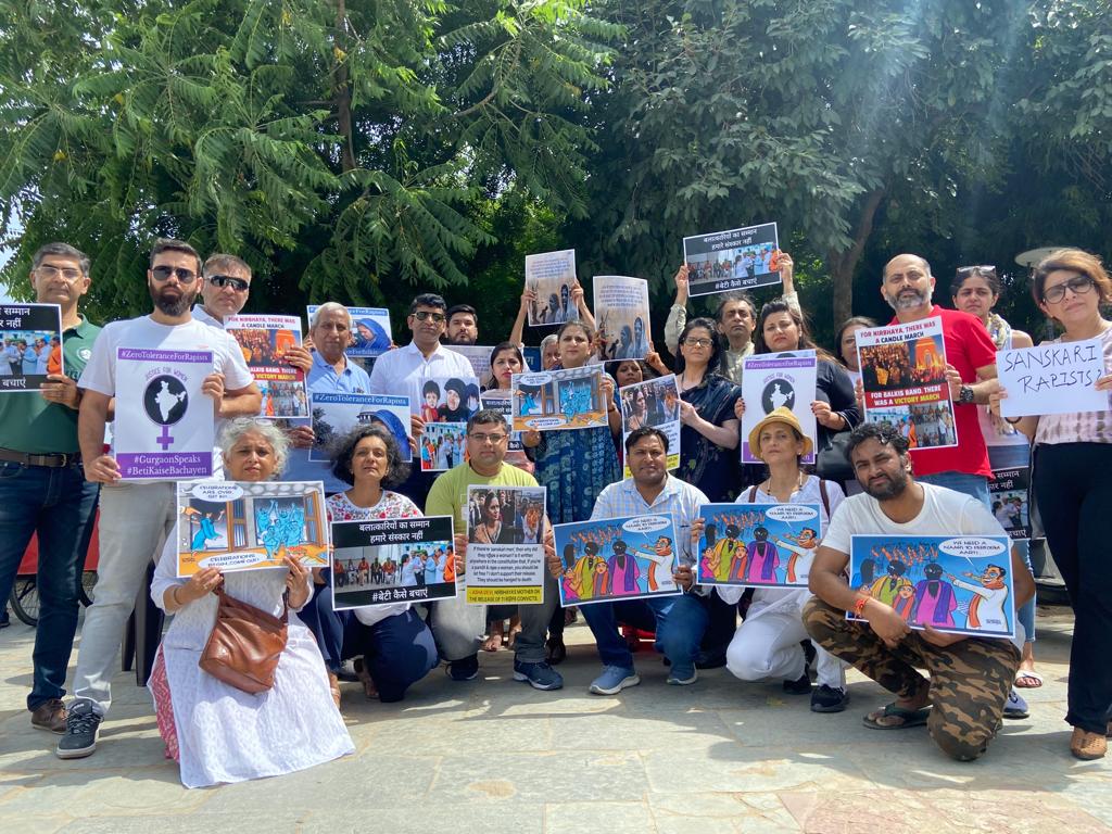 No woman in India is safe when rapists are let out of prison &amp; given accolades of being "SANSKARI". 

Gurgaon residents took an oath to keep raising our collective voice till rapists of #BilkisBano are put back in jail.
#GurgaonSpeaks 
#ZeroToleranceForRapists 
#SupremeCourt