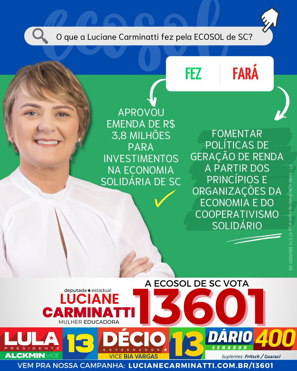 lucarminatti's tweet photo. Para esse mercado de trabalho excludente, a Economia Solidária é alternativa, gerando ocupação e renda a partir da própria organização das pessoas, em cooperativas e associações. Criamos a Política Estadual de #Ecosol e conquistamos orçamento. Temos que continuar! #SCvota13601 https://t.co/xlQWWDC1eV