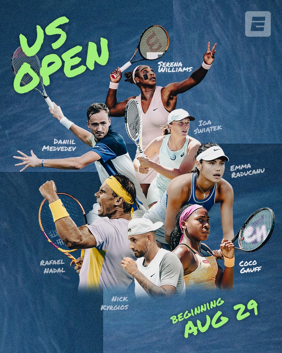 espn's tweet photo. 🎾 Serena's final ride
🎾 Emma Raducanu's and Daniil Medvedev's title defenses
🎾 Rafa's hunt for grand slam No. 23

Don't miss the US Open Tennis Championships on ESPN beginning Aug. 29. https://t.co/O5MKh2PAe2