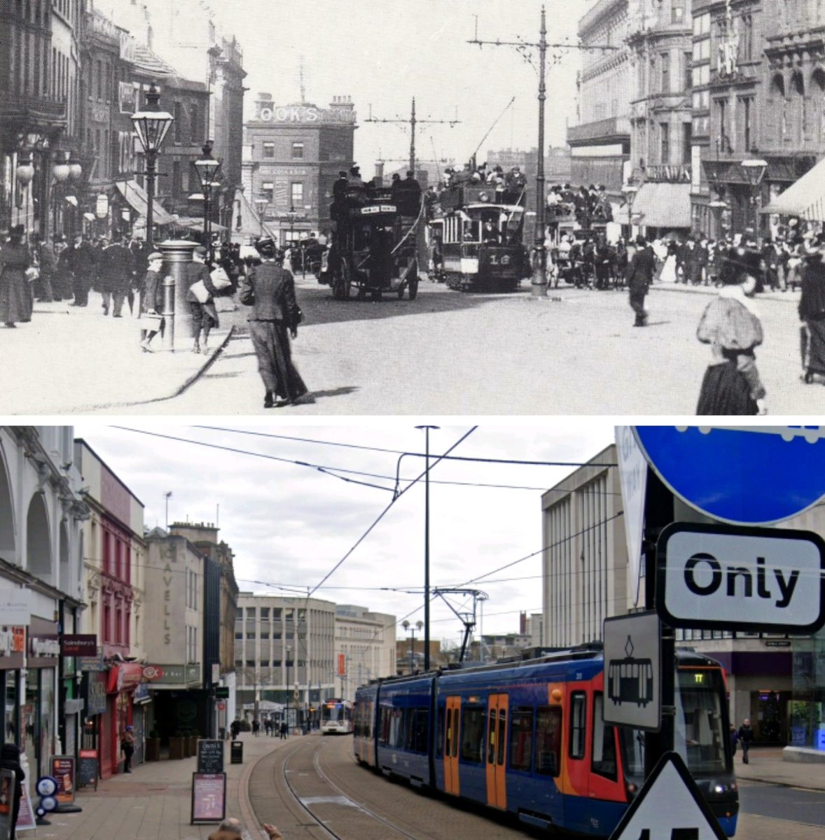 A bustling vibrant High Street,  with a mix of horse-drawn and electric trams #Sheffield