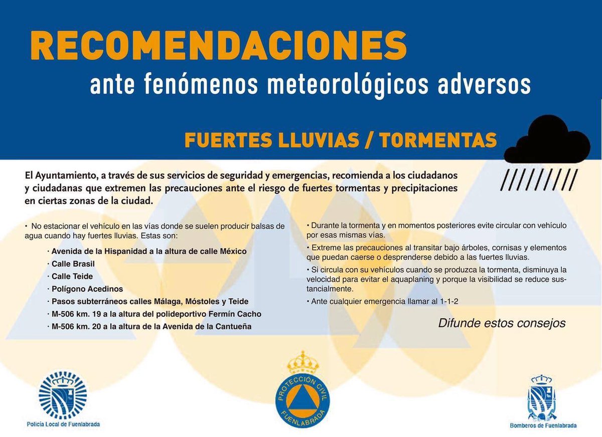 ℹ️ Ante la previsión de lluvias para la próxima noche hasta las 12:00h. de mañana lunes, la Comunidad de Madrid ha activado el nivel de preemergencia del #INUNCAM. 
 
Mucha precaución si vas a conducir, compartimos unas recomendaciones.

Ante cualquier emergencia llama al ☎️112