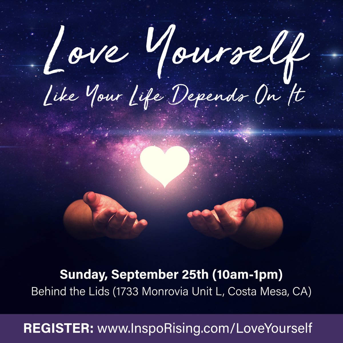 I’m honored to host a workshop on “Loving Yourself Like Your Life Depends On It” on Sunday, September 25th (10am-1pm) @BehindtheLids in #CostaMesa. Learn more and register at InspoRising.com/LoveYourself. #selflove #selfworth #inspiration #motivation #love