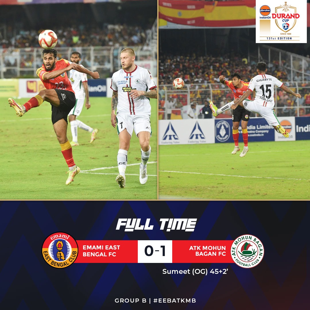 vivafootball_in's tweet photo. Full Time!

An enthralling game of football in front of a remarkable atmosphere comes to an end as @atkmohunbaganfc pips Emami East Bengal by a solitary goal.
#EEB 0-1 #ATKMB
#EEBATKMB ⚔️
#KolkataDerby 🏟️
#DurandCup 🏆
#IndianOilDurandCup 🏆
#DurandCup2022 🏆
#IndianFootball ⚽ https://t.co/pwi3kdjvVQ