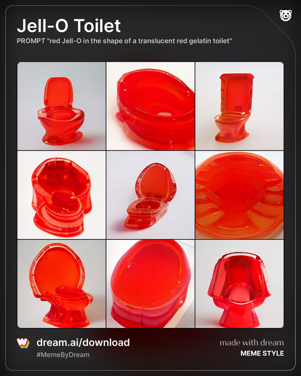 local_meme_lord's tweet photo. AI Generated image of “Red jell-o in the shape of a translucent red gelatin toilet” 

Made by the app “dream” https://t.co/AtdAs2pUwO