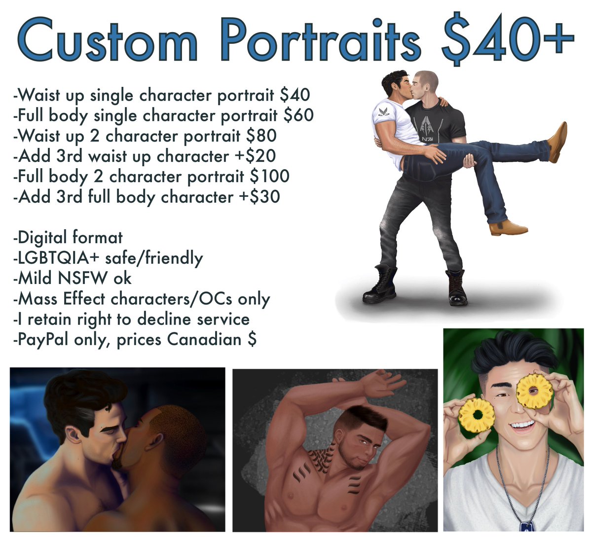 NrsThat's tweet photo. Opening commissions. Mass Effect characters/OCs only at this time.  Approximately 3-4 weeks for completion. Further details to be discussed via email. Prices in CANADIAN. Email: elle.weird@gmail.com #MassEffect #commissionsopen #Commission https://t.co/ByqS7e3hTM