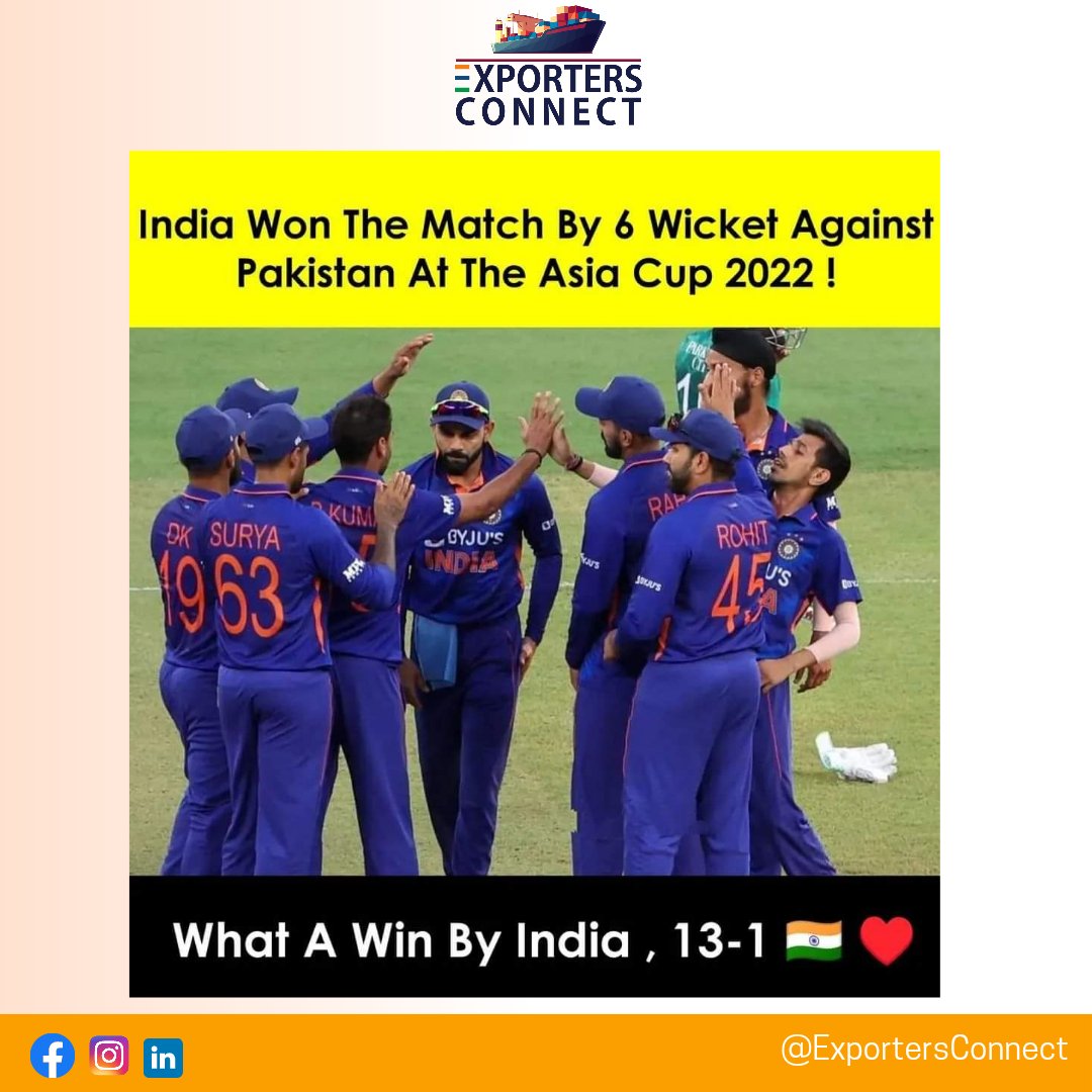 ExporterConnect's tweet photo. What a superb start by Team India at the #AsiaCup2022. 

This was such a nail-biting match. Congratulations to the entire team for this amazing victory. Keep it up!

#exportersconnect #IndiaVsPakistan @imVkohli https://t.co/EHhdl3FTZj