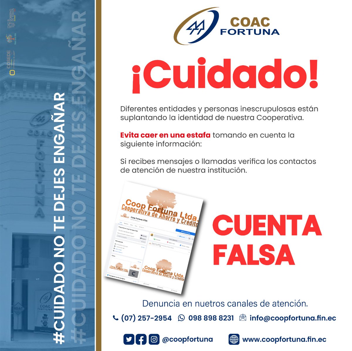 CoopFortuna's tweet photo. Evite caer en una estafa tomando en cuenta la siguiente información:
📩 info@coopfortuna.fin.ec
☎️ (07) 257-2954
📲 098 898 8231
🌐 https://t.co/a586gnhBA0

#JuntosNosFortalecemos  #finanzas #dinero #negocios #n #emprendedores #finanzaspersonales #libertadfinanciera https://t.co/sH2q03xv9I