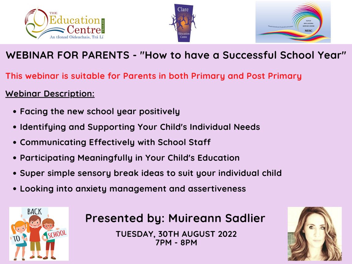 Please share on your schools Social media accounts ….

Webinar for Parents - "How to have a Successful School Year" 
 
Date:      Tuesday, 30th August 2022

Time:      7.00pm - 8.00pm

Venue:   Online via <a href="/Zoom/">Zoom</a> 

<a href="/SadlierMuireann/">Muireann Sadlier</a> 

Register for free:  zoom.us/webinar/regist…