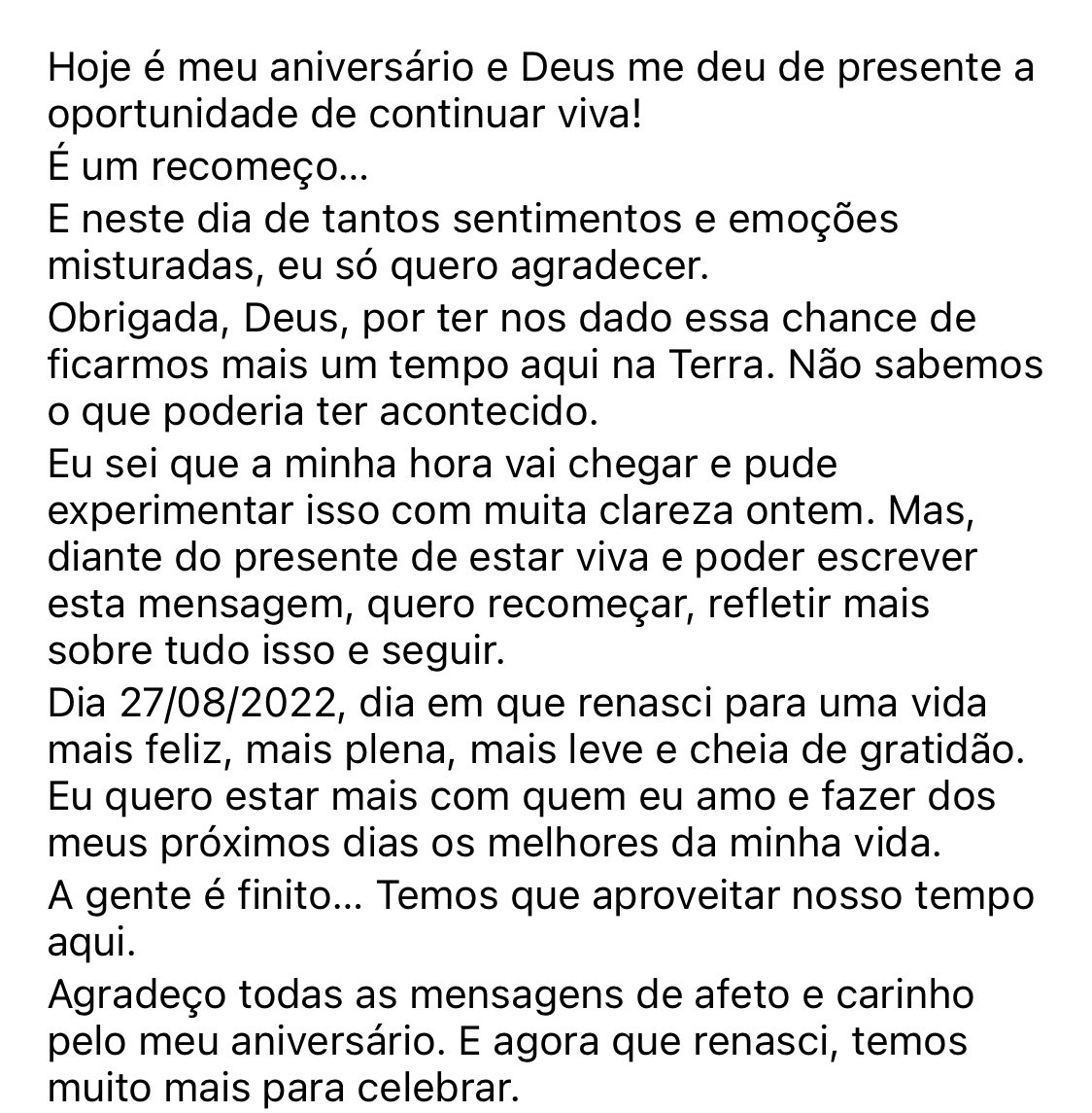 zzete13's tweet photo. “27/08/2022” o dia em que eu renasci “ Obrigado, Deus por esse livramento 😭😭😭😭 fica bem, Paula Fernandes 🙏🏻🙏🏻💖 https://t.co/9eSImNskdk
