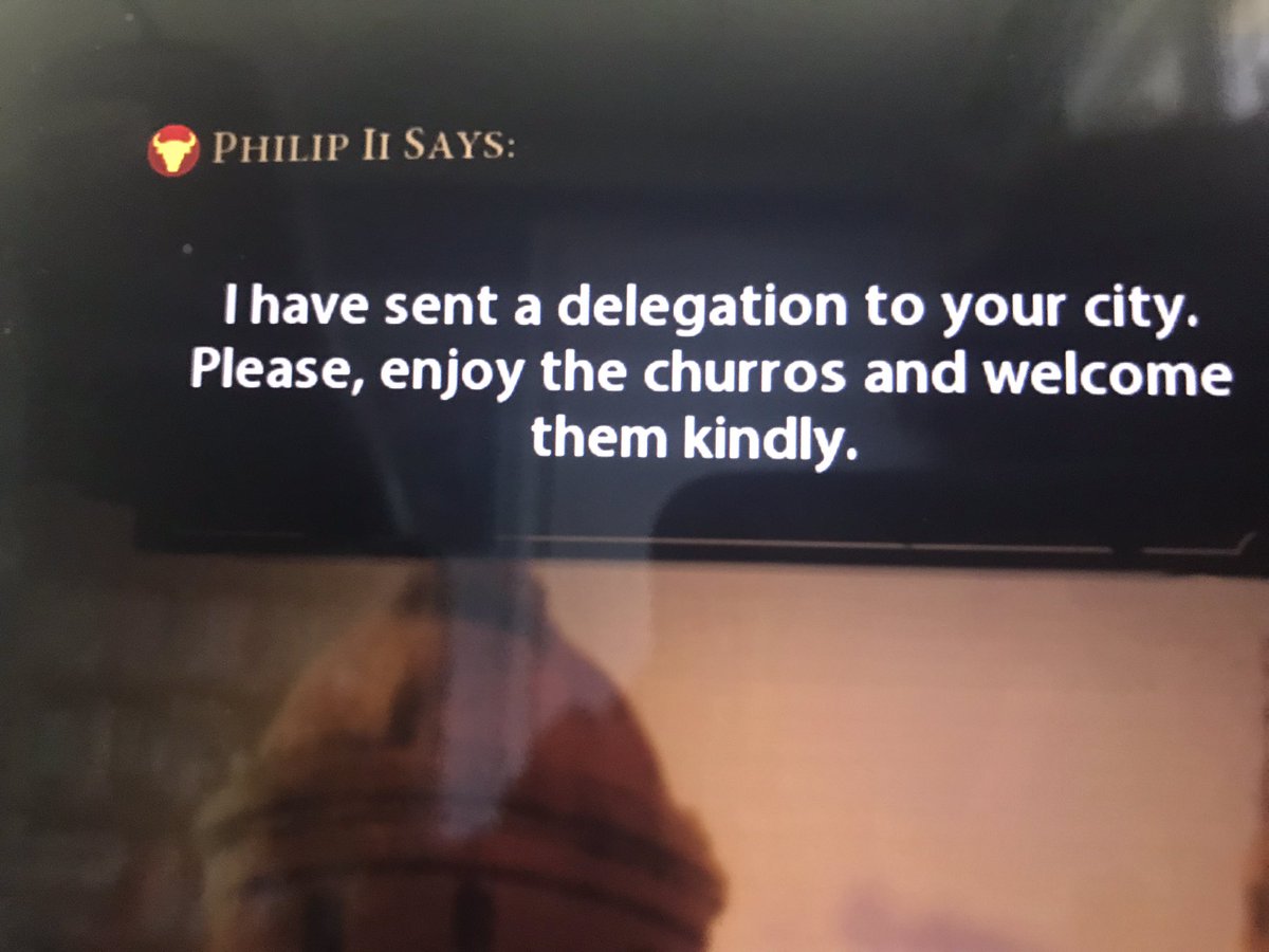 theonehumandino's tweet photo. So i sent Philip gold for my delegation and he gave me churros for his, perfect, they’re delicious #civ6 #civilisation6 https://t.co/L5xYoCZTN8