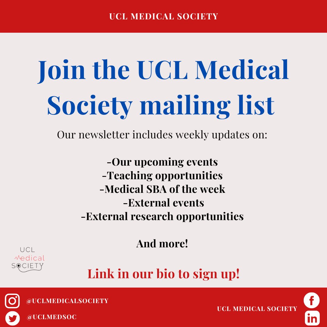 JOIN OUR MAILING LIST! ✉️

If you haven’t already, join our mailing list to receive weekly updates on events, research opportunities, medical SBAs and more! 🩺 

Medical students from any university can join our mailing list- not just UCL! 

Sign up here: forms.gle/TD6EAUd37RTZZk…