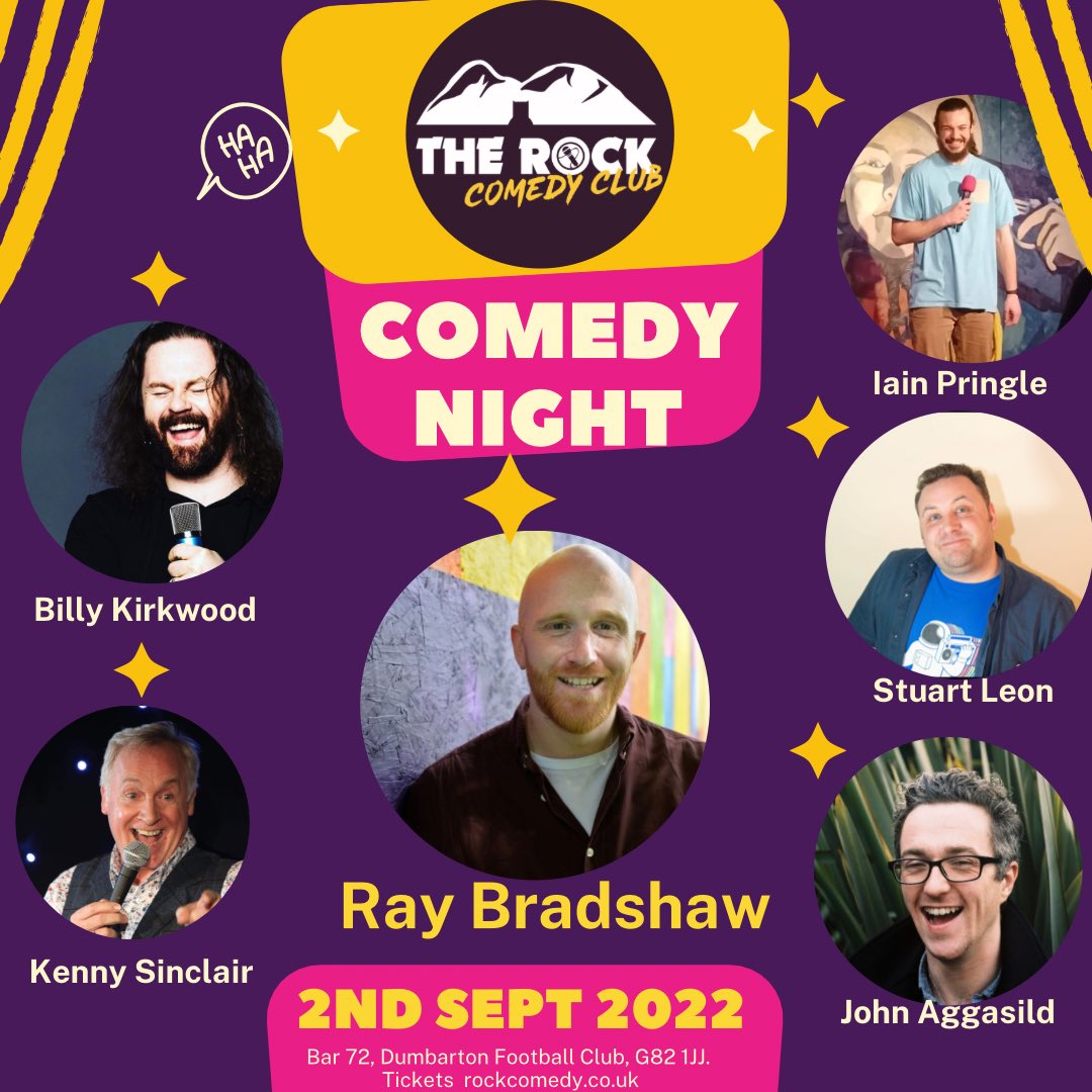 TheRockComedy's tweet photo. Reserve your seat for this Friday’s top notch Scottish circuit Comedians heading to #Dumbarton. Standard online tickets £12.50 https://t.co/R7RyMz96Er On the night ticket subject to availability £15.00. #LoveLocal #LaughLocal https://t.co/jifA6MLxhB