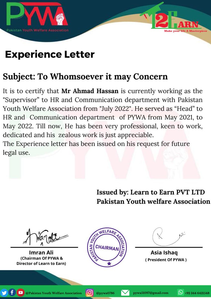 PYWA7's tweet photo. #ExperienceLetter
#HR_and_Communication_Department
#Imran_Ali
#Chairman_of_PYWA
#Aais_Ishaq
#President_of_PYWA
#PYWA
#Lights_of_Hope
#Learn_to_Earn
#Make_your_life_A_Masterpiece https://t.co/hwSlelWeaK