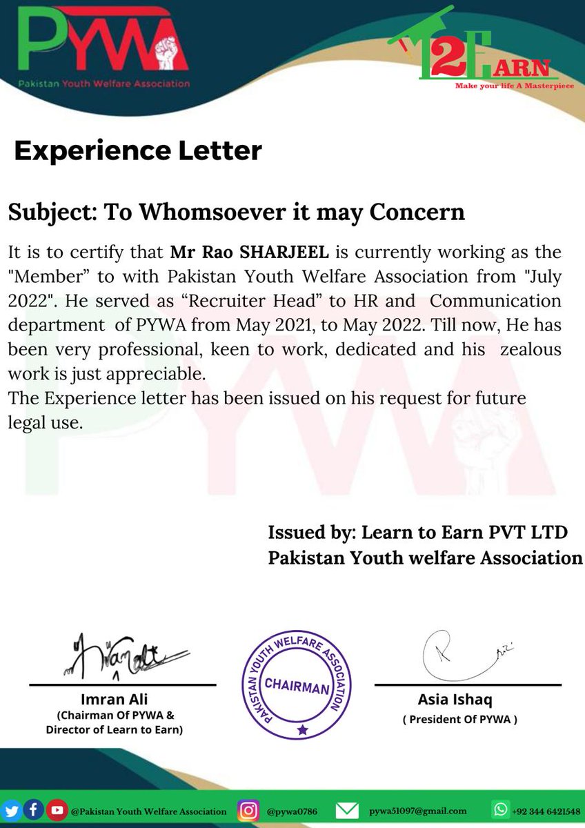 PYWA7's tweet photo. #ExperienceLetter
#HR_and_Communication_Department
#Imran_Ali
#Chairman_of_PYWA
#Aais_Ishaq
#President_of_PYWA
#PYWA
#Lights_of_Hope
#Learn_to_Earn
#Make_your_life_A_Masterpiece https://t.co/hwSlelWeaK