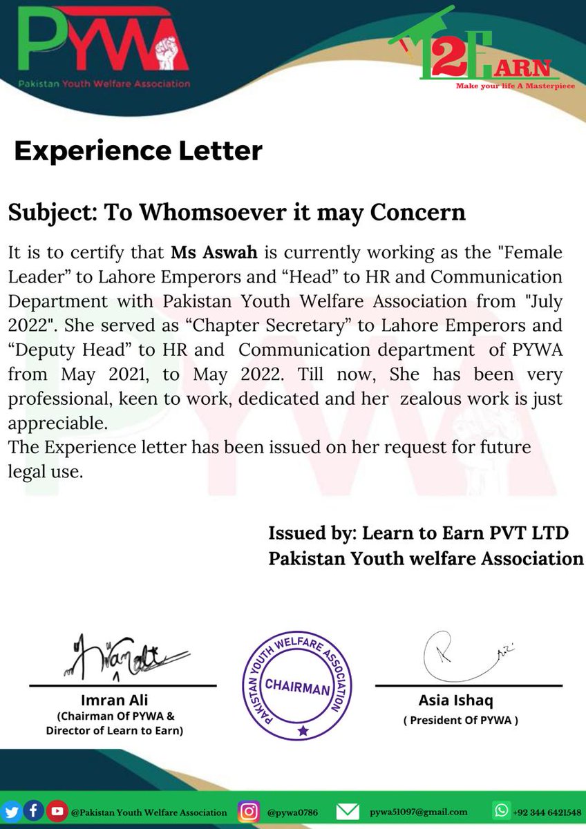 PYWA7's tweet photo. #ExperienceLetter
#HR_and_Communication_Department
#Graphic_Designing_Department
#Imran_Ali
#Chairman_of_PYWA
#Aais_Ishaq
#President_of_PYWA
#PYWA
#Lights_of_Hope
#Learn_to_Earn
#Make_your_life_A_Masterpiece https://t.co/YeSmgkFI0F