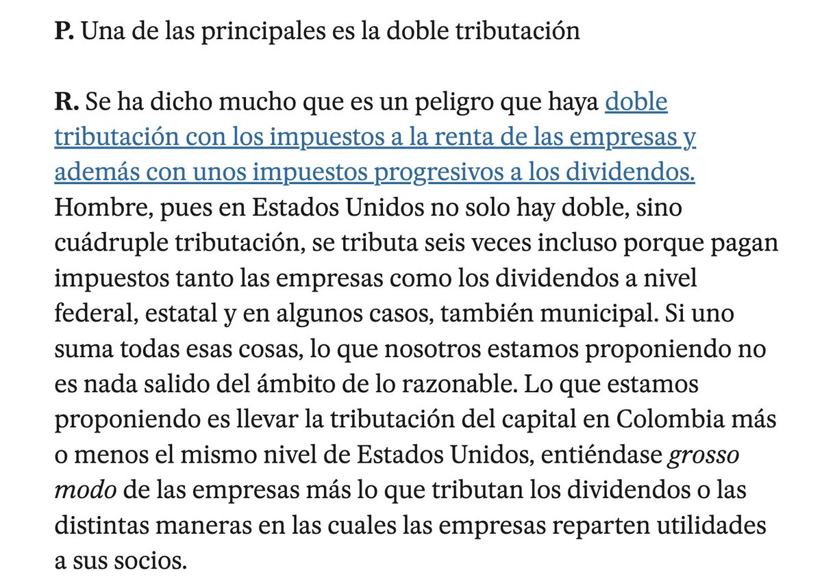 elpais.com/america-colomb…

Una tarifa de hasta el 39% a los dividendos sumando el efecto que tiene el 1% del impuesto al Patrimonio sí nos deja a niveles por encima de lo razonable. No es para minimizar. Acaba con cualquier incentivo para grandes capitales de invertir en la BVC.