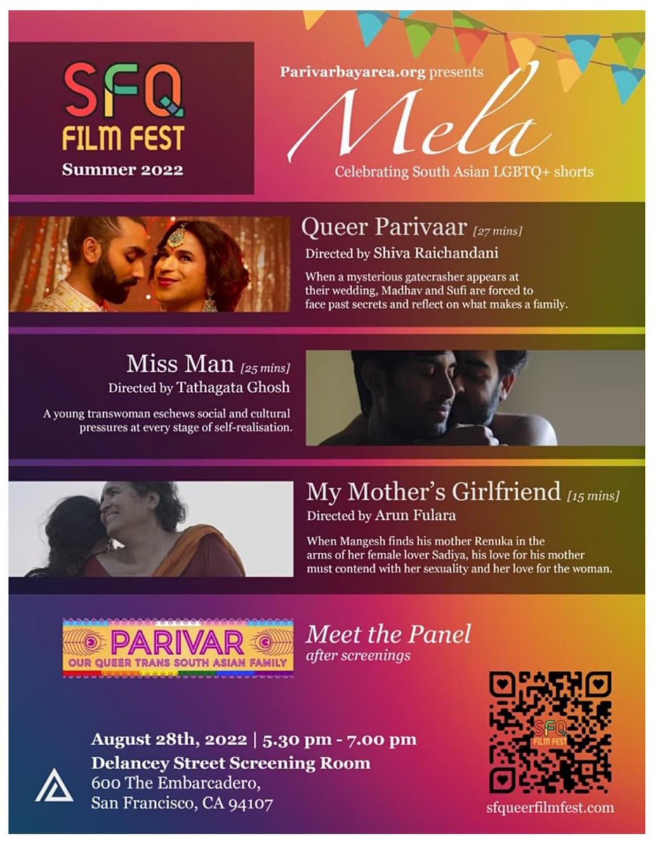 sfqueerfilmfest's tweet photo. Join us for Program: Mela (hindi word for festival) TODAY at 5:30pm for 30 min.reception followed by screenings & a panel discussion led @ParivarBayArea & @anjalirimi
Tickets can be purchased on our website: https://t.co/6ETwGIliwU #FestiveFestival #Mela #Sfqueerfilmfest https://t.co/7iOnlTOicK