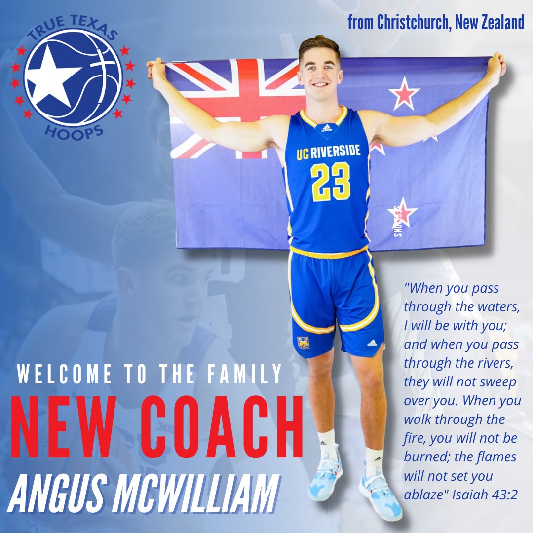 TeamKiddTexas's tweet photo. Everything’s bigger in Texas but this 6’10 stud comes to us from New Zealand 🛩 We are EXCITED to welcome him onboard to the True Texas Hoops family 💙

Say hello to Coach Angus who joins us from @UCRMBB (pictured with his nation’s flag + his favorite quote) 

#tthfamily🏀 https://t.co/glhJ4wltW9