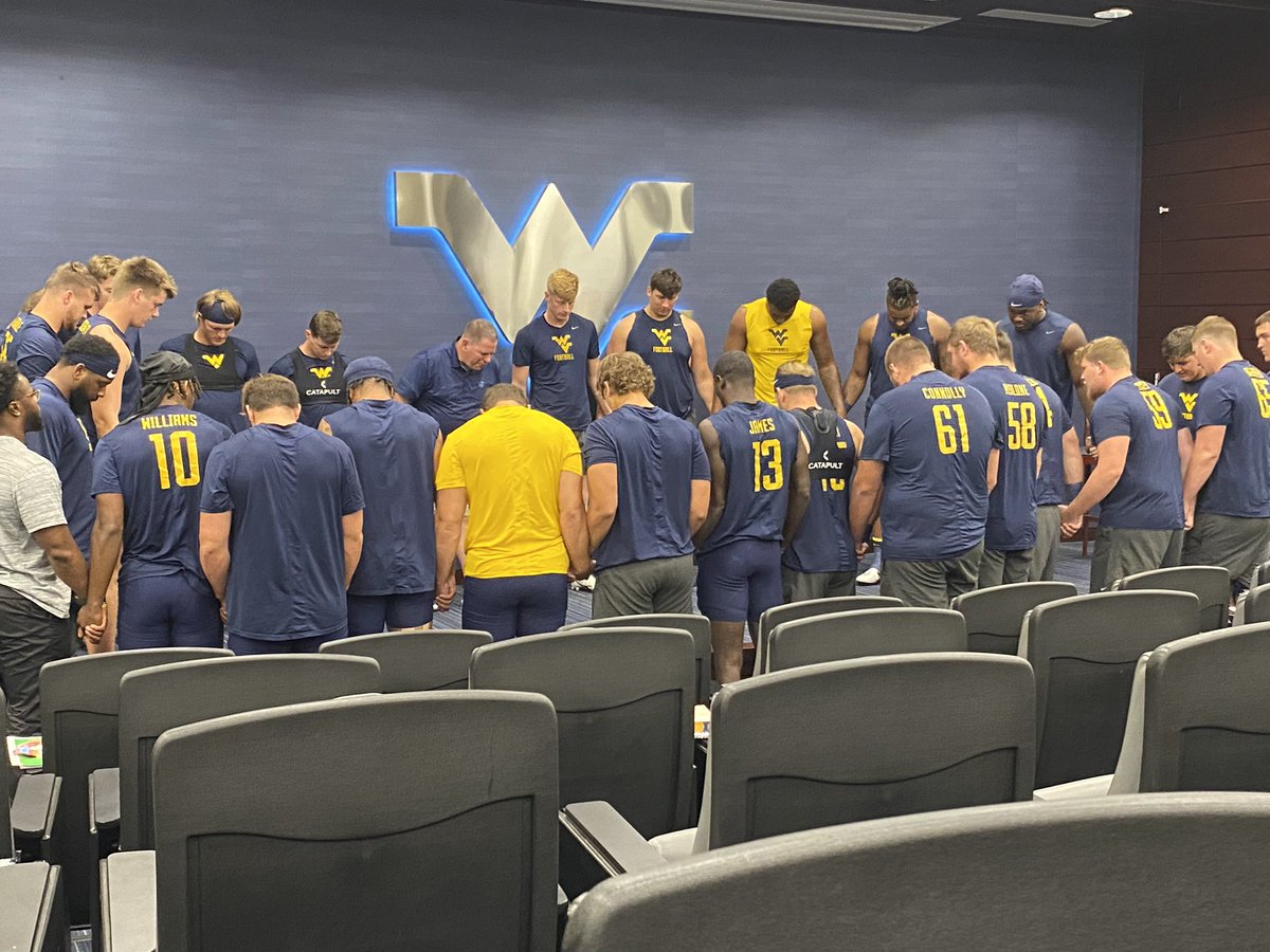 Myers_Kirby's tweet photo. Final preseason Chapel (optional) today for @WVUfootball. It has been a great blessing to study The Lord’s Prayer together these four weeks. Thankful for these young men. #All4Him https://t.co/Xs1FucBwGO
