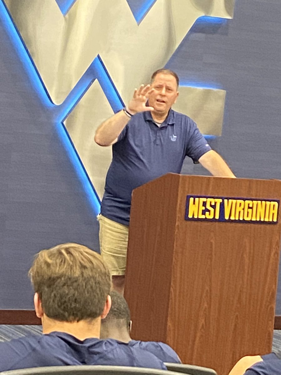 Myers_Kirby's tweet photo. Final preseason Chapel (optional) today for @WVUfootball. It has been a great blessing to study The Lord’s Prayer together these four weeks. Thankful for these young men. #All4Him https://t.co/Xs1FucBwGO