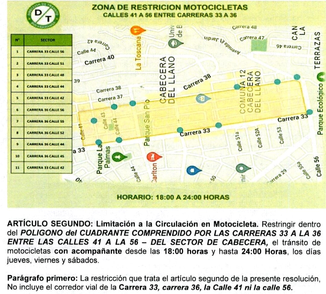 AreaMetroBga's tweet photo. #IMPORTANTE | 🚨Se limita la circulación de motos🏍️con parrillero entre las carreras 33 a la 36 y entre las calles 41 a la 56 del sector de Cabecera. La medida aplicará de 6 de la tarde a 12 de la noche, los días jueves, viernes y sábado.

#MovilidadAMB #AMBSomosTodos https://t.co/9hgsVmelUZ