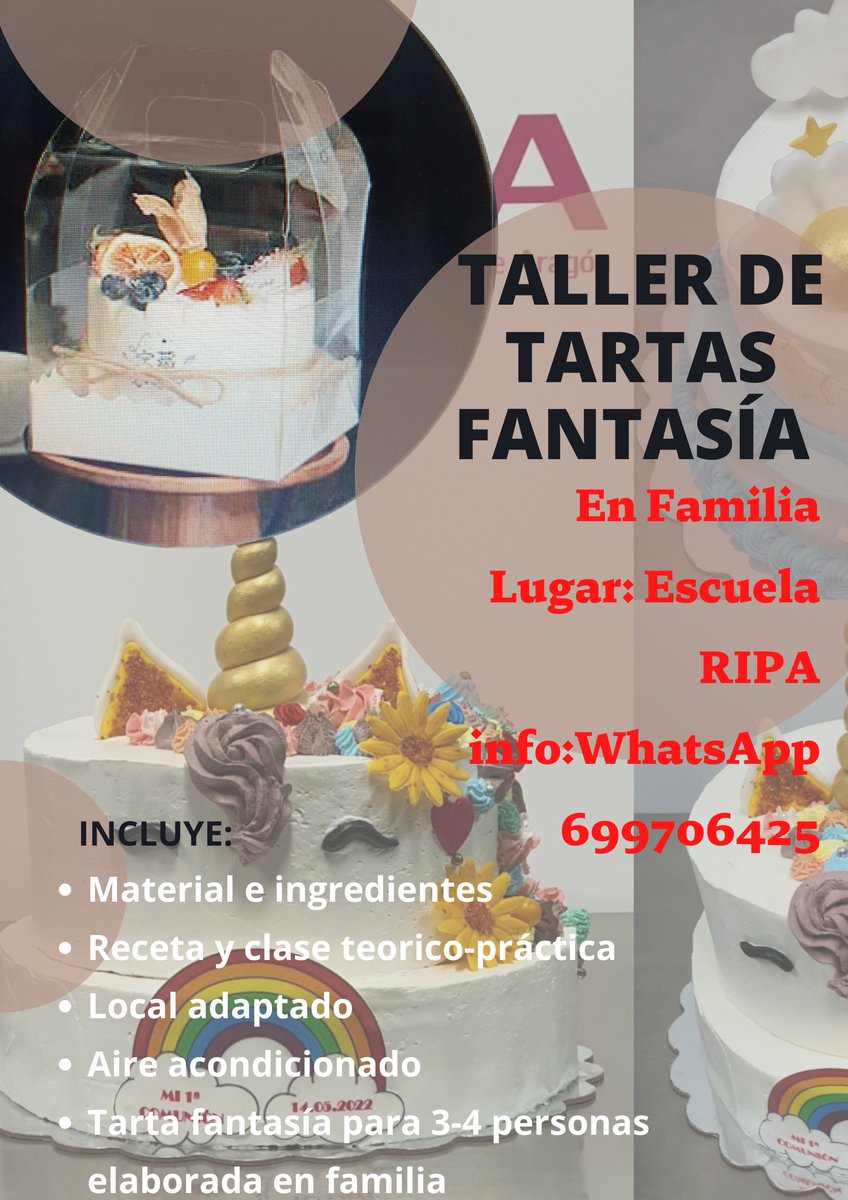 PasteleriaZgz's tweet photo. ‼ Últimas plazas para el taller de Pastelería.                  
😃 Podéis venir en familia 
🗓 Próxima semana 
WHATSAPP 699706425 https://t.co/F4HFUW6nVA