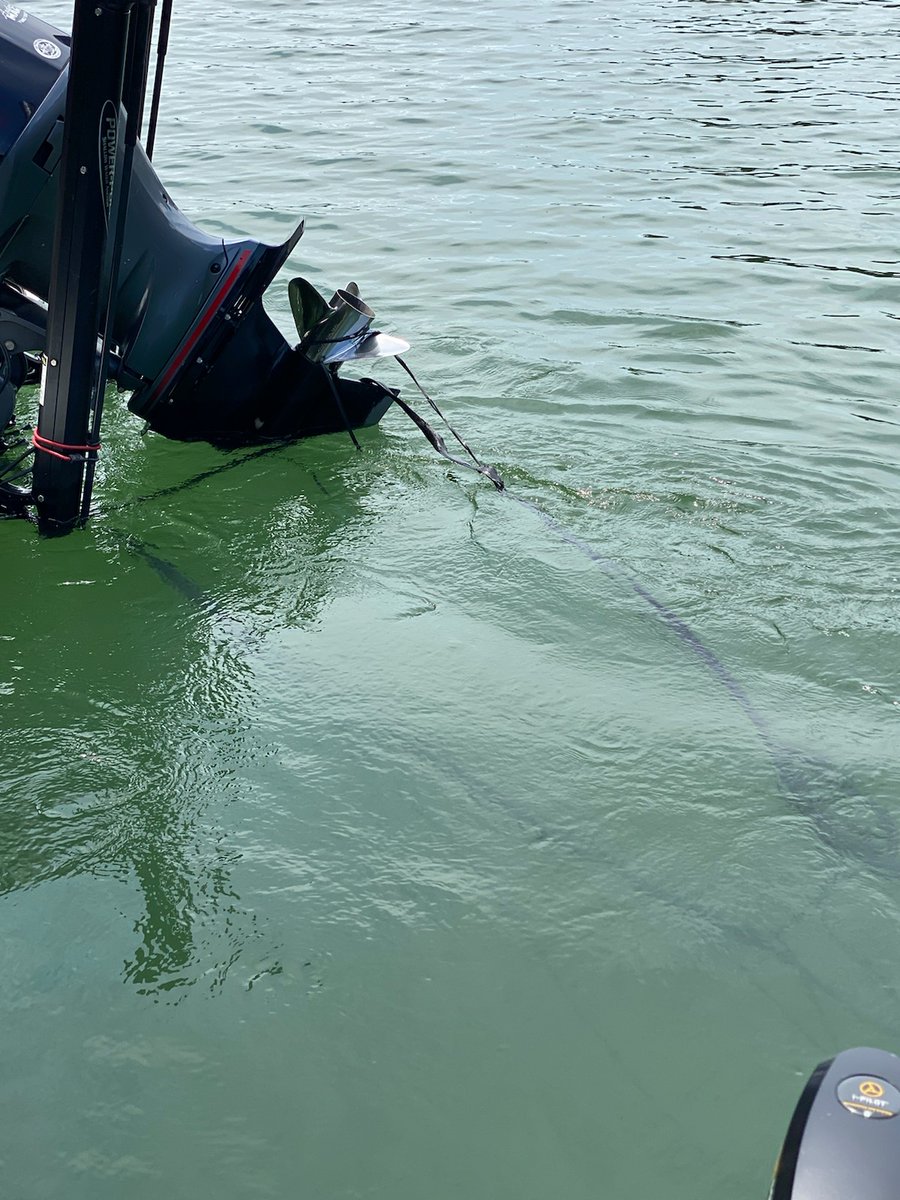 bassfishinsider's tweet photo. Not what you want to see in the National Championship practice. That's a rub rail wrapped around the prop. Got it worked out thankfully. @YamahaOutboards #outboardmotor #boatmotor https://t.co/kpvlAmvs3i