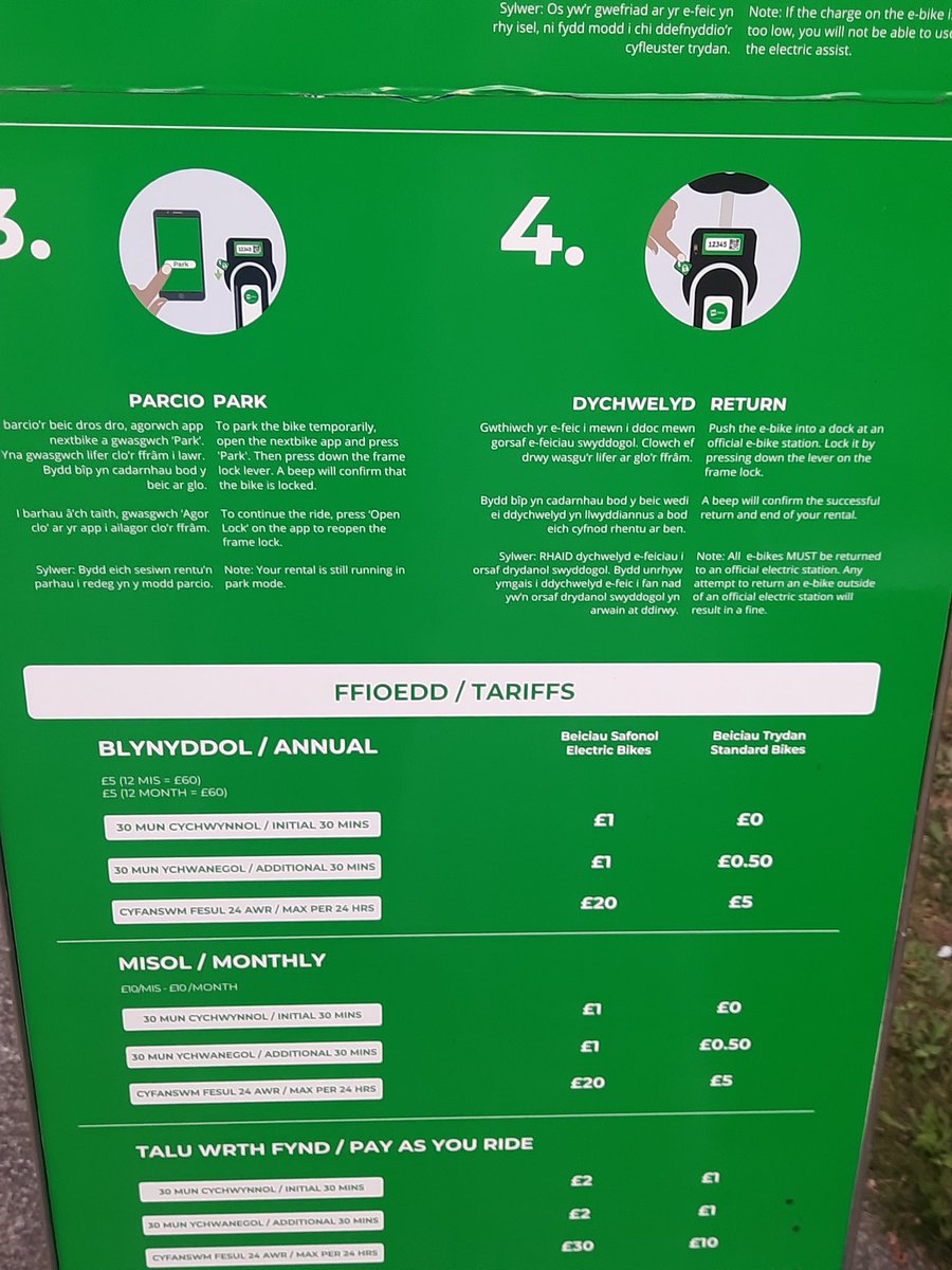 mathewb2's tweet photo. @cardiffcouncil According to the sign e-bikes are free for the first half an hour if you speak Welsh.  #needschecking @WelshGovernment https://t.co/QzSRhnndRE