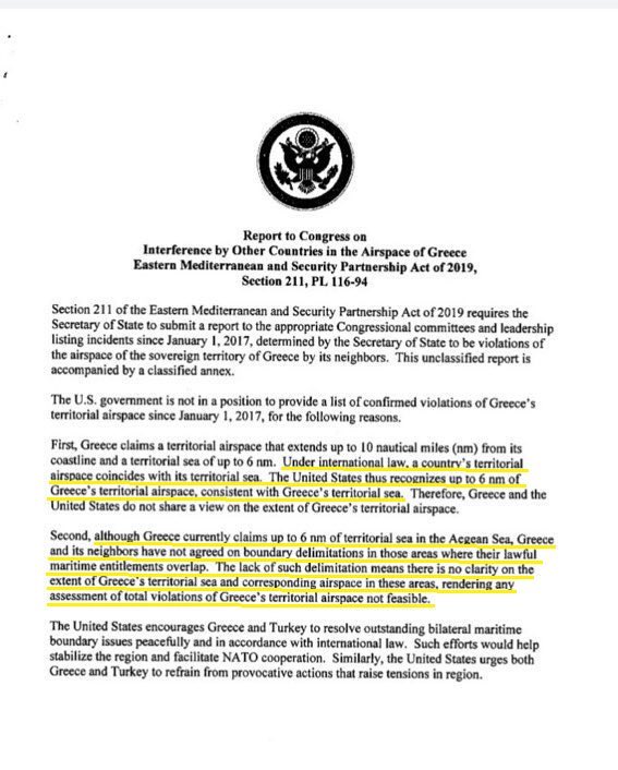 TugayEr's tweet photo. US State Dept : “Under international law, a country’s airspace coincides with its territorial sea. The #US thus recognises an airspace up to 6 nautical miles consistent with territorial sea. #Greece and the US do not share a view on the extent of Greece’s airspace," https://t.co/jUwKdpIw4N