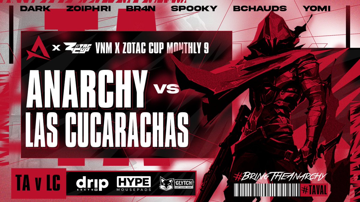 TeamAnarchy_GG's tweet photo. We start here.

Today the TA VALORANT Roster will be playing in the @vnmTourney x @ZotacCup Monthly 9. We will keep updates posted on how the boys do.

Game 1 vs Las Cucarachas.

@JP_Estrada8 
@zoiphri 
@SpookyVLR 
@br4nFPS 
@bchauds 

#BRINGTHEANARCHY💥| #TAVAL https://t.co/lfKcTdzP2p