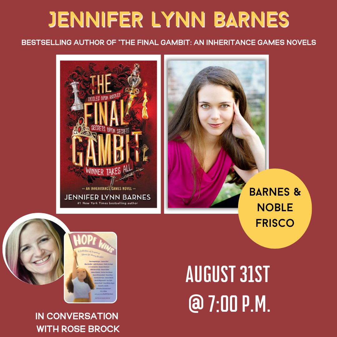 DFW book people—@jenlynnbarnes and I will be talking ALL things #TheInheritanceGames and ##TheFinalGambit Wednesday in @BNFrisco at 7:00! Join us!