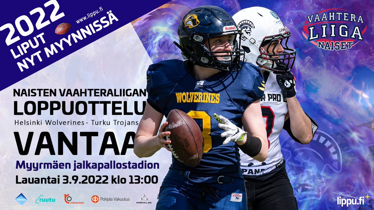 SAJLfootball's tweet photo. Naisten Vaahteraliigan loppuotteluun 2022 ovat selviytyneet Helsinki Wolverines ja Turku Trojans .  Taistelu mestaruudesta huipentuu lauantaina 3.9. Myyrmäen jalkapallostadionilla klo 13:00. Liput myynnissä @lippu_fi  🏈 @WolverinesAF @TurkuTrojans 
jenkkifutis #tapahtumienvantaa https://t.co/9FS0NXfxO1
