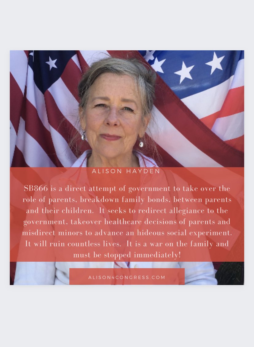 #SB866 is a direct attempt of government to take the role of parents, breakdown family bonds, between children and their parents. NO ON #SB866
IG realialison4congress 
Web:alison4congress.com