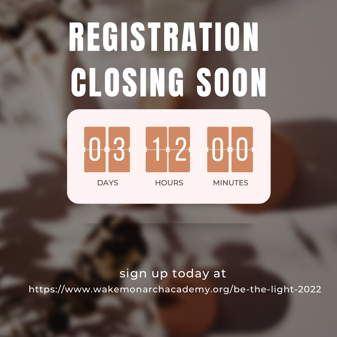 Guaranteed T-shirt registration closes Wednesday.  Don’t delay. You don’t want to miss the softness of these shirts !  Sign up today 

wakemonarchacademy.org/be-the-light-2…