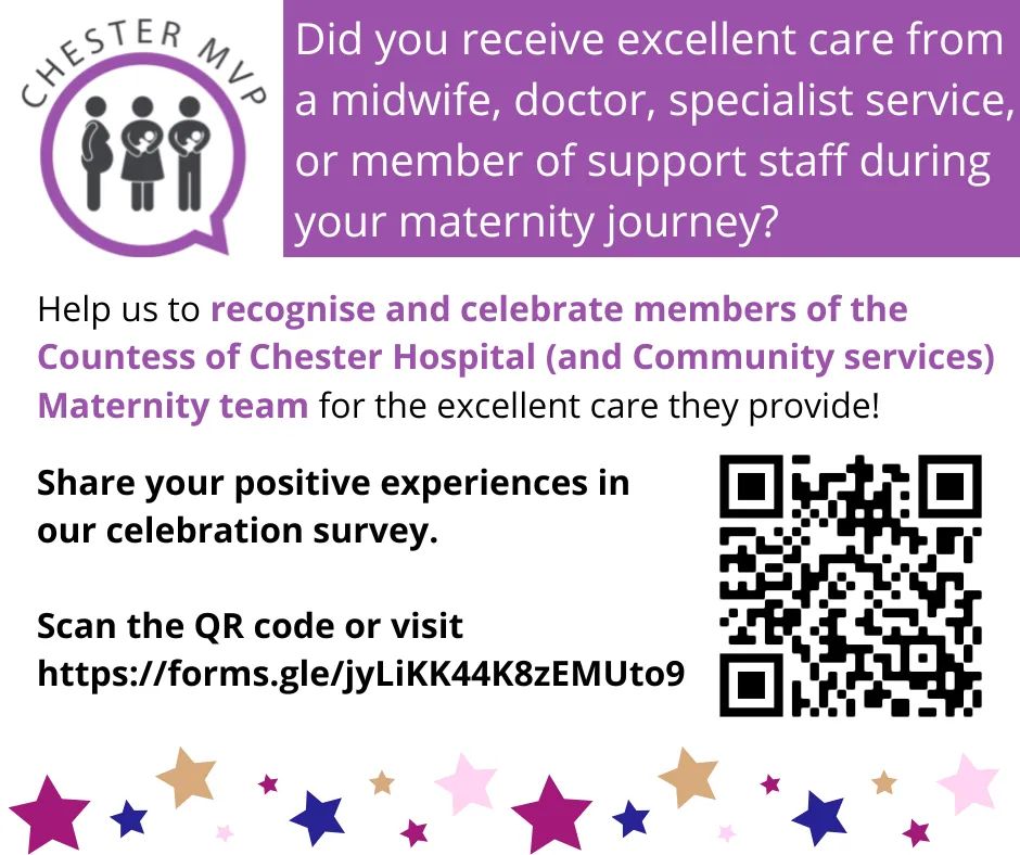 chestermnvp's tweet photo. It's the last few days to complete our celebration survey, ending on 31.08.22 ⭐ 

Help us to recognise and celebrate members of @TheCountessNHS (and Community services) Maternity team for the excellent care they provide! 💜 

Scan the QR code or visit https://t.co/3GOlea4M6F https://t.co/GYaE8hgtlU