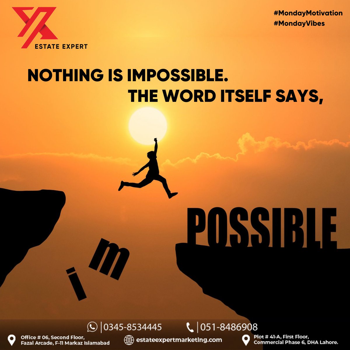 estateexpert1's tweet photo. Nothing is impossible. The word itself says “I’m possible!”
#MondayVibes #WorkAholic #BuildYourCareer #MmondayMotivation #Monday #Motivation #MotivationalQuote #EstateExpert #ExpertCare #RishtZaeemSe https://t.co/8JU5UJDeR2