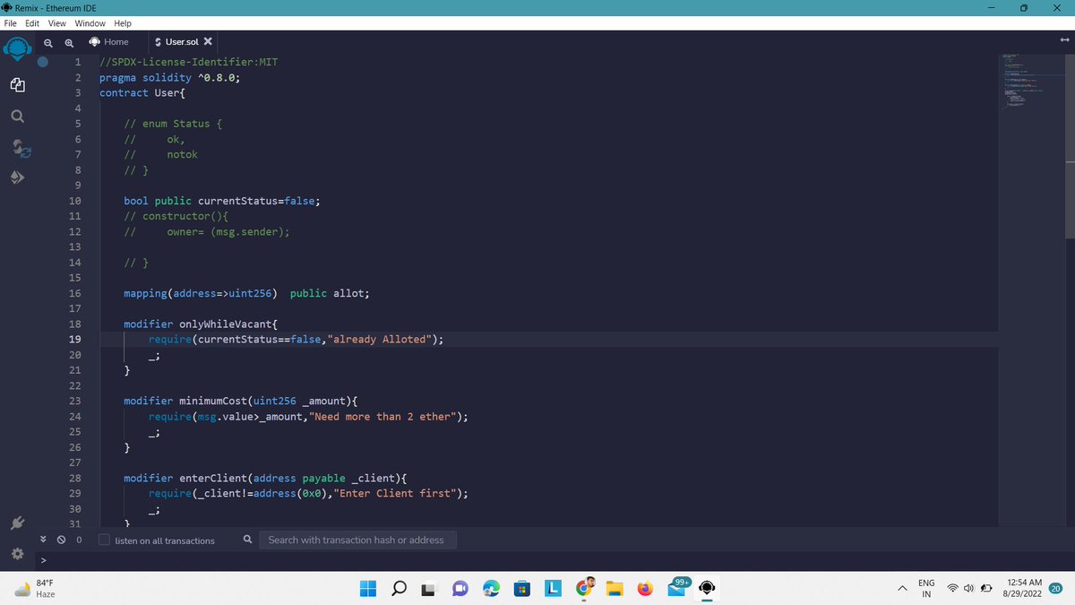 Harsh_builds's tweet photo. My first independent smart contract a car loan contract. its really effective when u code out  yourself even though i face difficulties like transfering ether to another account bt going through documentation solved it !

#web3community #SOLIDITY #Blockchain #challenge #Etherum https://t.co/Zwev6ebMwQ