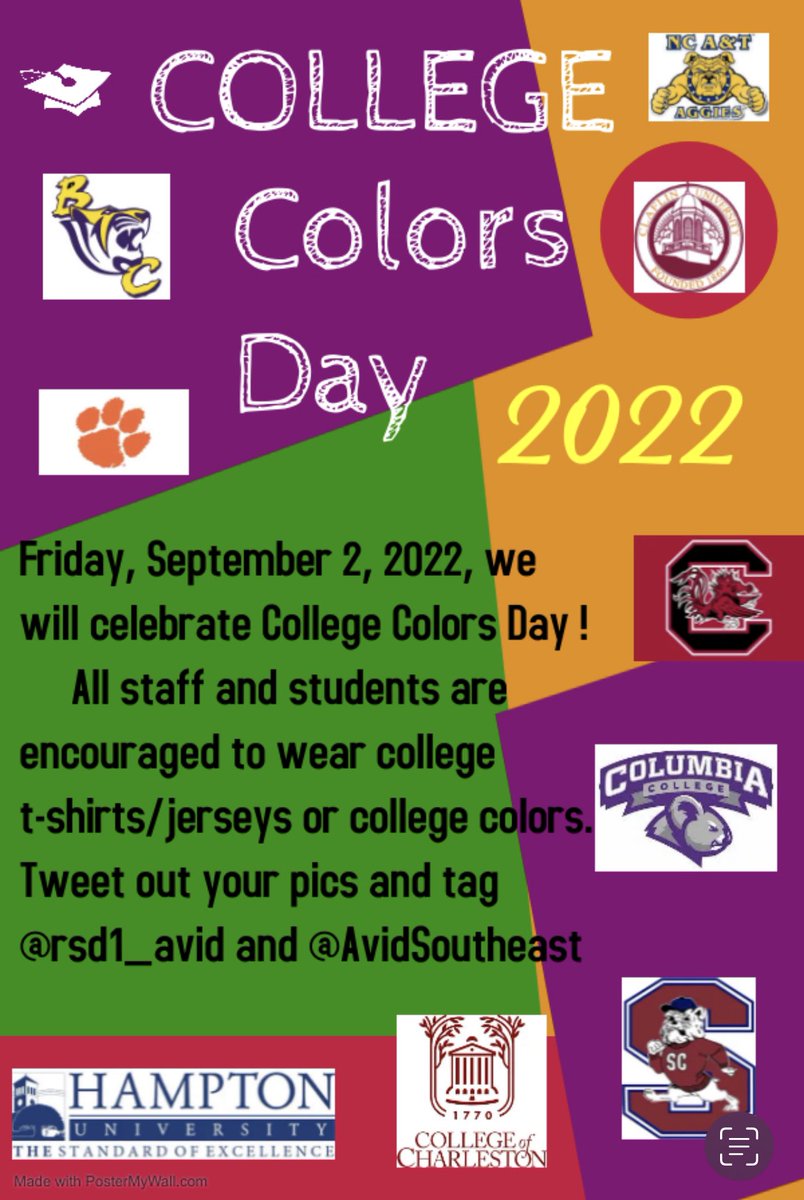 Let’s get excited about National College Colors Day! We cannot wait to see our students and staff representing. <a href="/RSD1_AVID/">Richland One AVID</a> <a href="/AvidSoutheast/">AVIDSoutheast</a> <a href="/flanders94/">Martay Monroe</a> <a href="/cedrick_tidwell/">Cedrick Tidwell</a>