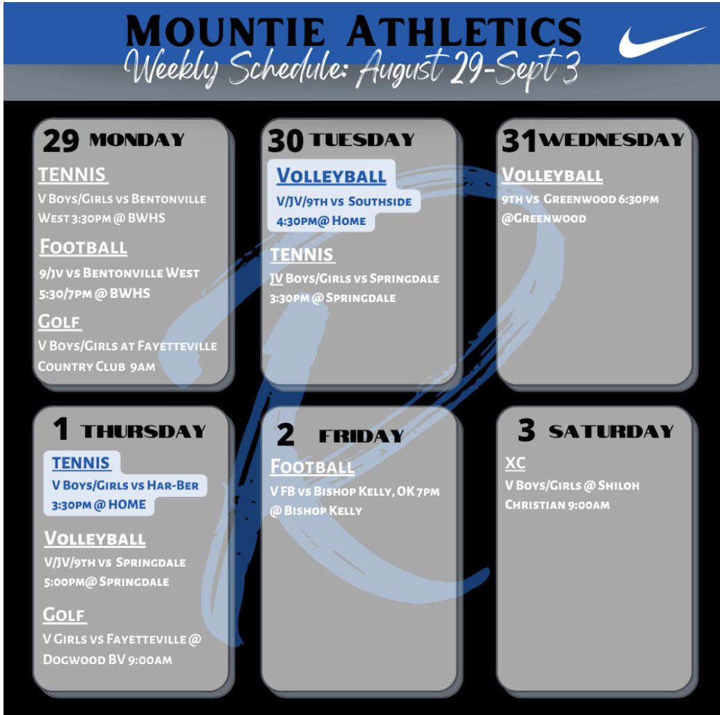 Mountie Athletic Events for the Week!! @rps_athletics <a href="/RHSMounties/">Rogers Mounties</a> <a href="/RHS_Williams/">Lisa Williams</a> <a href="/rhsboysgolf/">RHSBOYSGOLF</a> @mountietennis @rogersmountiefb @mountie_volleyball @mountiegirlsgolf <a href="/xcmounties/">Rogers Mounties Track/XC</a> #MountieTough!