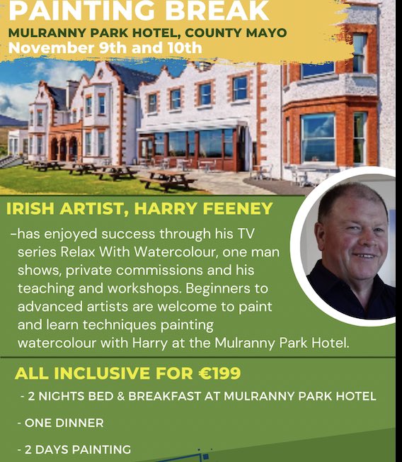 Harryfeeney's tweet photo. A few spaces available for 2-day watercolour painting break at the 4-Star @MulrannyPark For more info call 094.9257777. 
#art
#artclasses 
#artist 
#artsinmayo
#bedandbreakfast 
#harryfeeney 
#ireland 
#mayo 
#mulranny
#mulrannyparkhotel 
#watercolour 
#wildmayo https://t.co/RJDe8ZUHpi