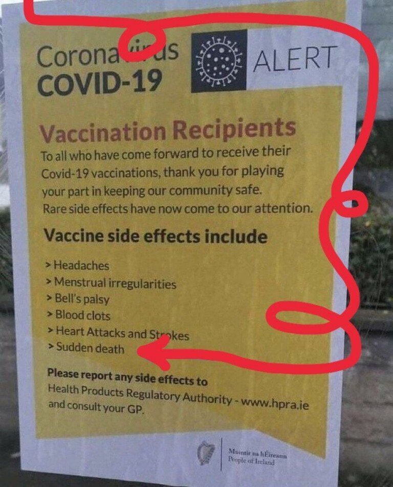 #coronavirus Pendant qu'en France. on censure des affiches du CSI sur les effets secondaires des vaccins, en Irlande, les autorités précisent sur leurs propres affiches que vous risquez la "mort subite".