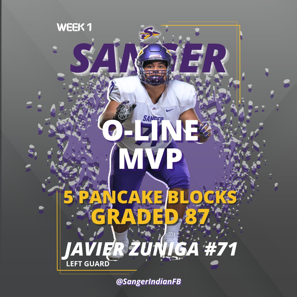 SangerIndianFB's tweet photo. Week 1 O-Line MVP Javier Zuniga #HokaHey https://t.co/jFEJj1yYF3