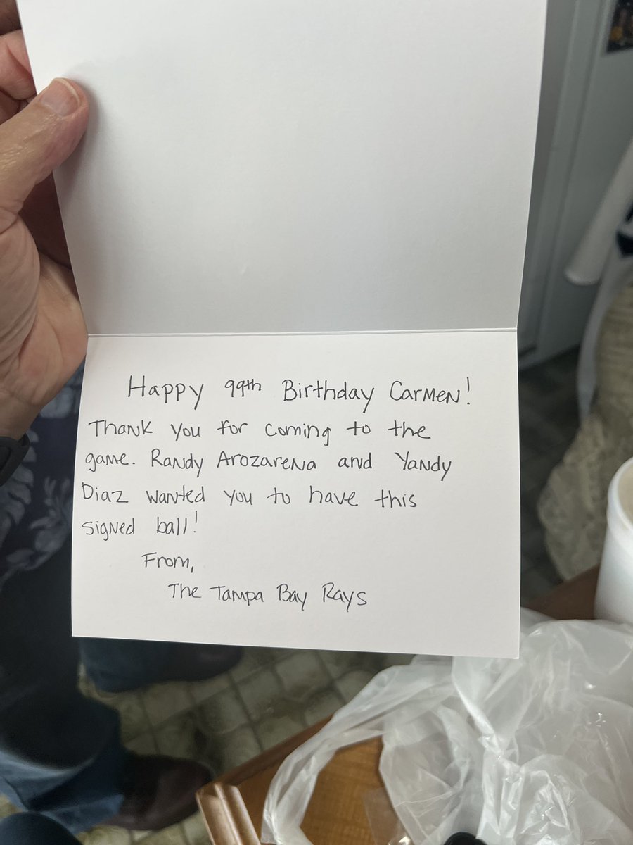 Thank you to Tricia, the Rays and everyone else who made my Abuelas 99th Birthday so amazing! She was so happy to receive a signed ball by her favorite players Randy Arozarena and Yandy Diaz from the Rays! It has been a great week celebrating her! <a href="/RaysBaseball/">Tampa Bay Rays</a> <a href="/TriciaWhitaker/">Tricia Whitaker</a>