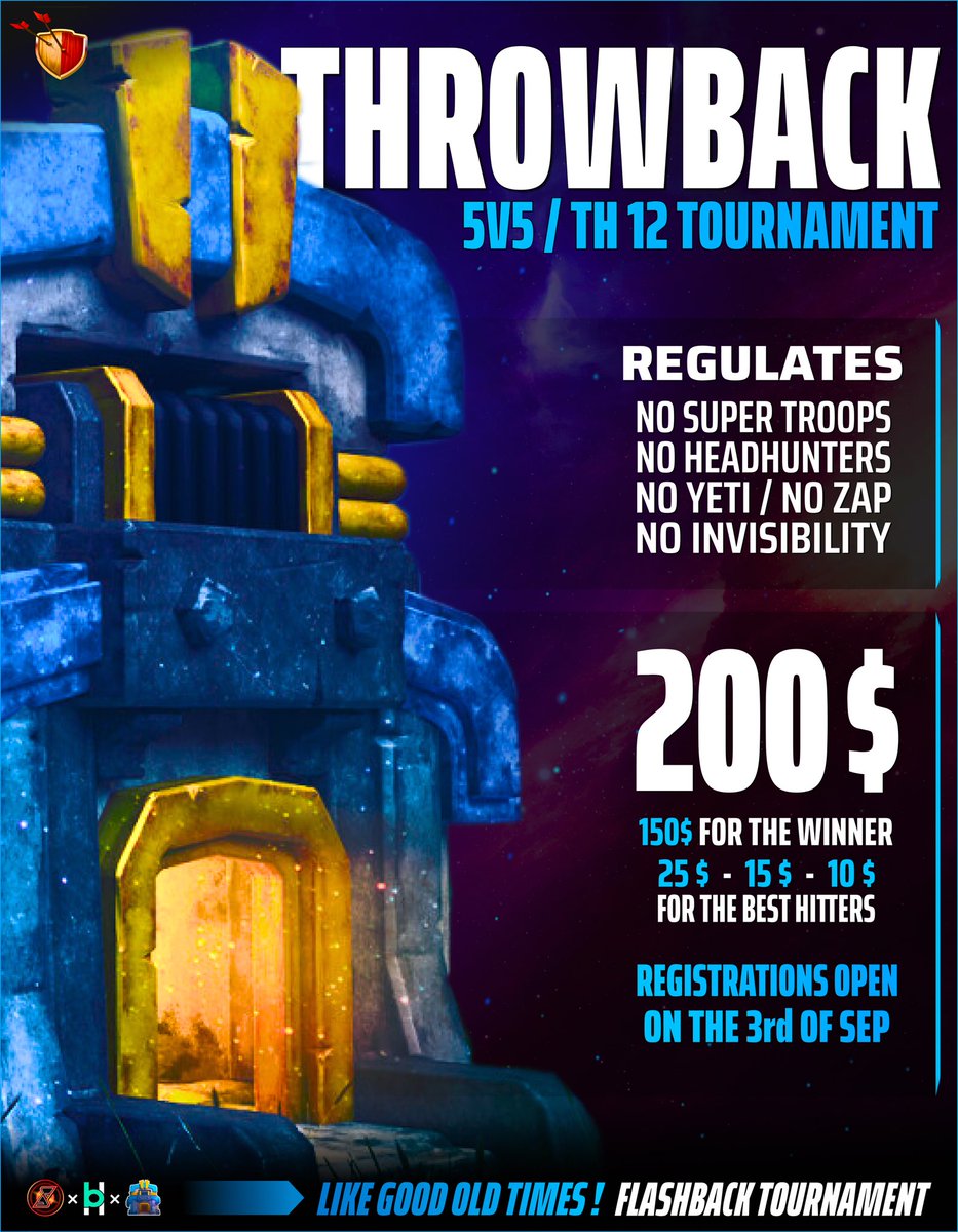 🚨It's finally time to unveil the special event we promised you !

Who hasn't wanted to go back in time ? We give you the opportunity to do it !
Discover our 5vs5 TH12 2019 style event, with its mega regulations ! 🔥

Gather your troops and get ready for this journey ! 🤩