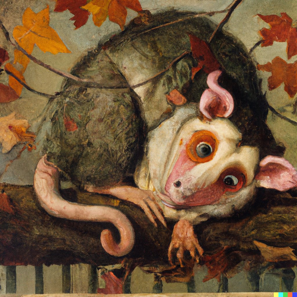 btparker's tweet photo. Dalle2’s take on “A Norman Rockwell painting of a deranged autumnal possum” https://t.co/t1rK9p1iiO