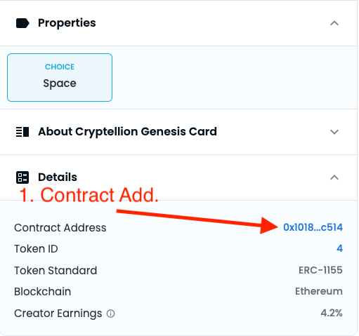 Cryptellion's tweet photo. 1. You need the smart contract address.

For example, you can find it on the official Opensea page of the NFT.  You can see it here in details.  

Once you click on it you will be redirected to etherscan.
In this example, we mint via etherscan.
(⚠️Always check the right URL⚠️) https://t.co/nzInAcuK9R
